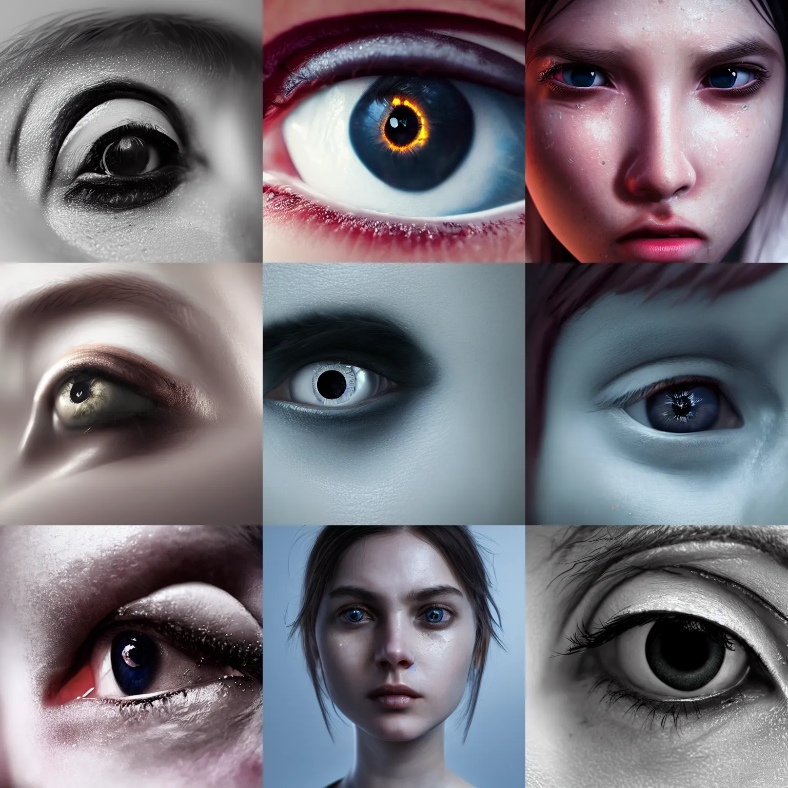 Prompt: extreme dramatic close-up of a beautiful young woman’s wide open crying eye filled with fear, HDRI, 8K, cinematic lighting, ray tracing, hyper detailed, sharp focus, artstation, cgsociety, stunning composition, exploitation masterpiece