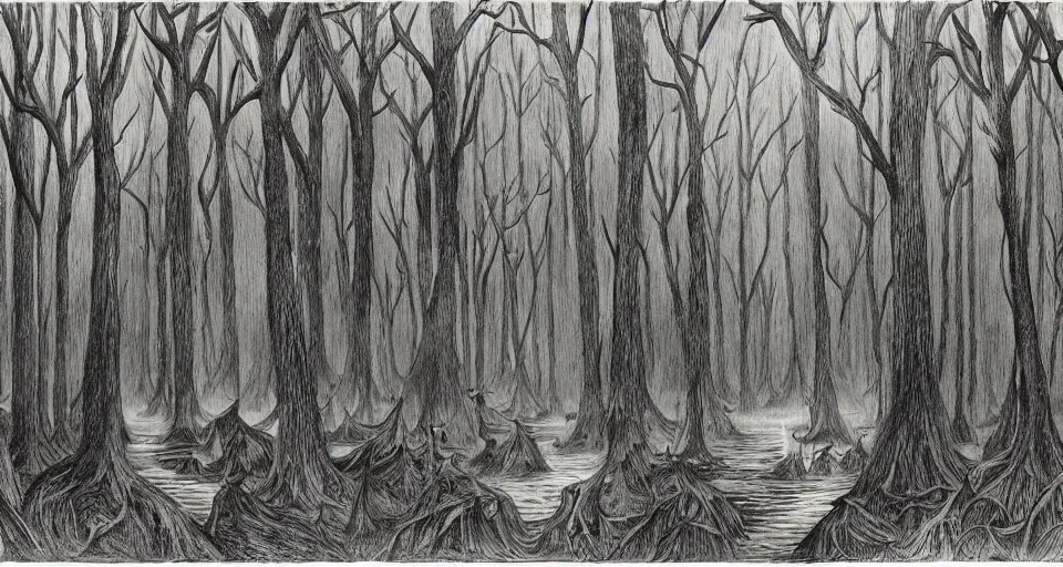 Image similar to A dense and dark enchanted forest with a swamp, by Charles Addams