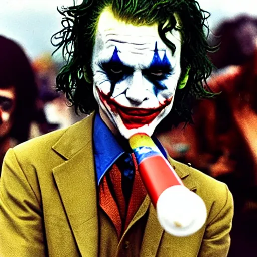 Image similar to photograph of the joker smoking a bong at woodstock, circa 1 9 6 9