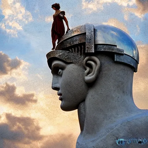 Image similar to tiny greek goddess in steel helmet standing on a giant greek bearded male head, greek temple of olympus glory island, late afternoon light, wispy clouds in a blue sky, by frank lloyd wright and greg rutkowski and ruan jia