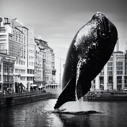 Image similar to a gigantic whale in the middle of the city, black and white photo, fim grain