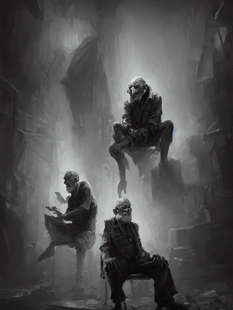 Prompt: mutated old man sitting ina dark factory environment, digital black and white painting by oleg vdovenko chuvabak and maxim verehin, flash photography, trending on artstation, character painting