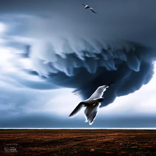 Image similar to a tornado!! made of seagulls, windy, cloudy, realistic reflections, cinematic lighting, 8k, tornado