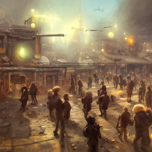 Image similar to oil painting of many hamsters, berets, guns, rocket launchers, close shot, medium shot, steampunk clothes, steampunk city background, sharp focus, fantasy style, octane render, volumetric lighting, 8k high definition, by greg rutkowski, highly detailed, trending on art Station, explosions, centered