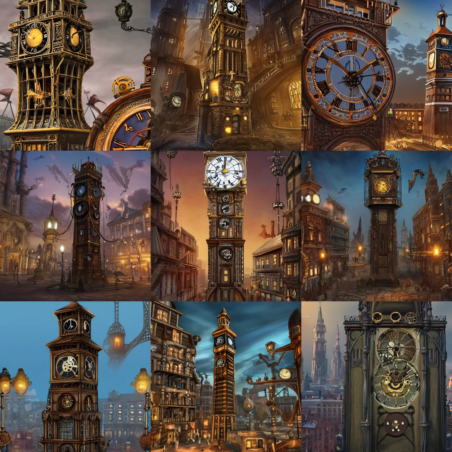 Prompt: gigantic clock tower in the middle of a steampunk city, warm, 8 k, 4 k, highly detailed art, intricate designs