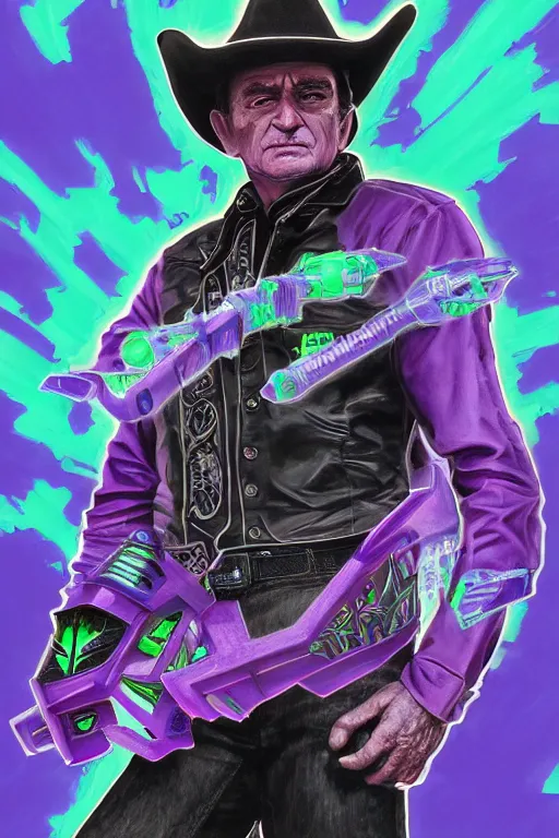 Image similar to portrait of cowboy johnny cash as purple green optimus prime power ranger from transformers surfing tonic stimulant fluids on air guitar zord UFO hoverboard, intricate, highly detailed, smooth, artstation, digital illustration by Lisa Frank and Ruan Jia and Mandy Jurgens and Artgerm and Wayne Barlowe and Greg Rutkowski and Zdislav Beksinski