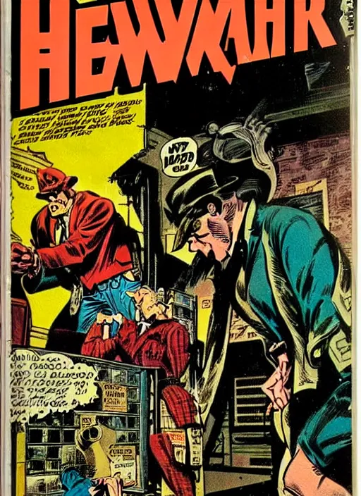 Prompt: an old fashioned vintage hwh comic book cover, will eisner, joe kubert, 1 9 6 8, dramatic, noir, creepy, surreal, weird, incredible, photo real