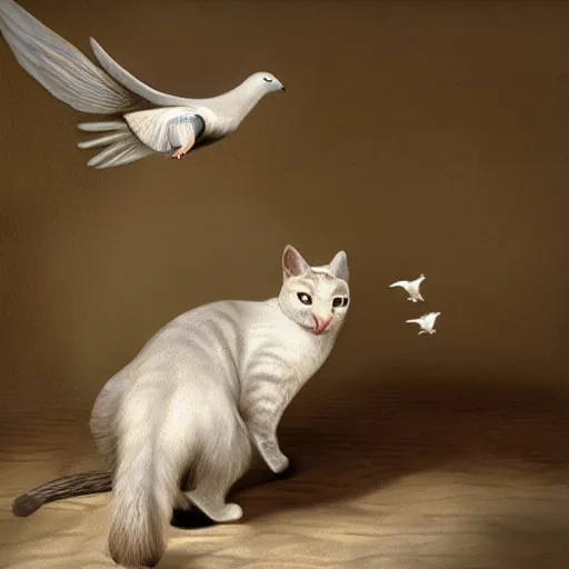 Image similar to cat playing with the dove of peace, photorealistic, detailed