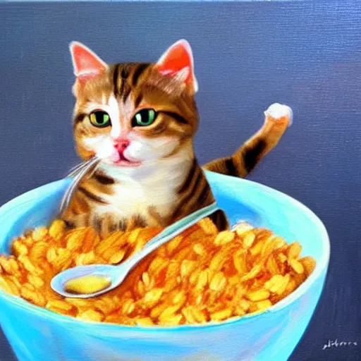 Image similar to cat inside of a bowl of cereal, oil painting, cute, kawaii, adorable, award winning, digital art
