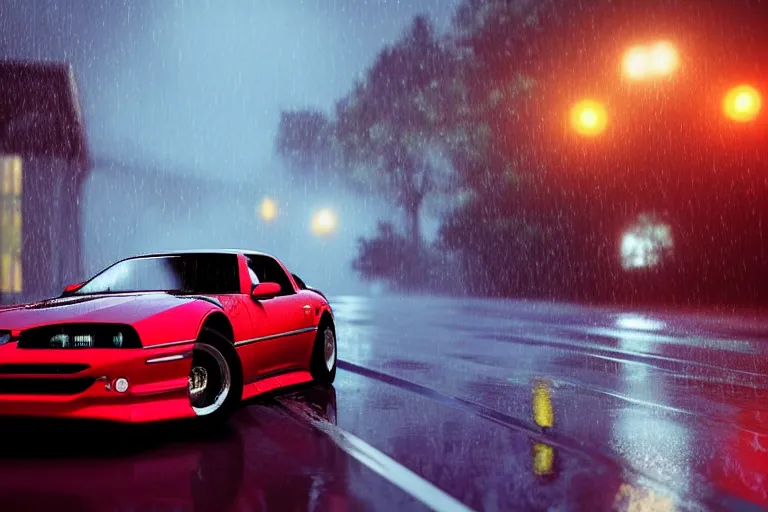 Image similar to hyperdetailed, photorealistic photograph of a 2 0 0 2 pontiac firebird trans - am drifting in the streets, rain, night, dense fog, hd, unreal engine 5 by greg rutowski, by stanley artgerm, by alphonse mucha