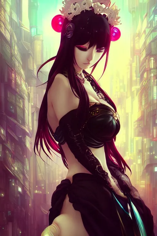 Image similar to ”beautiful anime woman, modern, cyberpunk, fantasy, eerie, intricate details, pixiv, digital painting, artstation, concept art, 8k, art by artgerm and alohonse mucha and eiichiro oda”