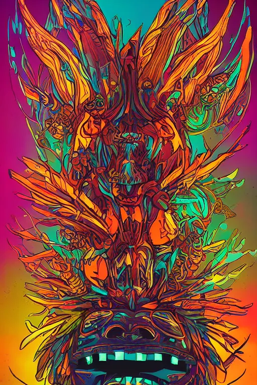 Image similar to totem animal tribal chaman vodoo mask feather gemstone plant wood rock video game illustration vivid color borderlands by josan gonzales and dan mumford radiating a glowing aura