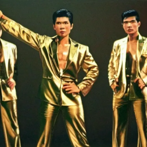 Image similar to A still of Ho Chin Minh wearing a disco suit in Saturday Night Fever