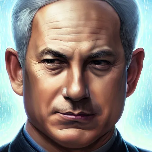 Prompt: benjamin netanyahu as a fantasy magic man portrait, sci - fi, amber eyes, face, fantasy, intricate, elegant, highly detailed, digital painting, artstation, concept art, smooth, sharp focus, illustration, art by artgerm and greg rutkowski and alphonse mucha.