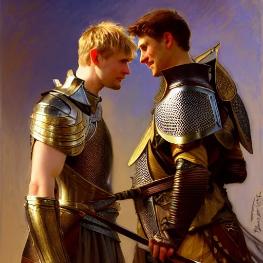 Image similar to attractive arthur pendragon and his attractive male knight, they are in love, natural lighting, path traced, highly detailed, high quality, digital painting, by gaston bussiere, craig mullins, alphonse mucha j. c. leyendecker