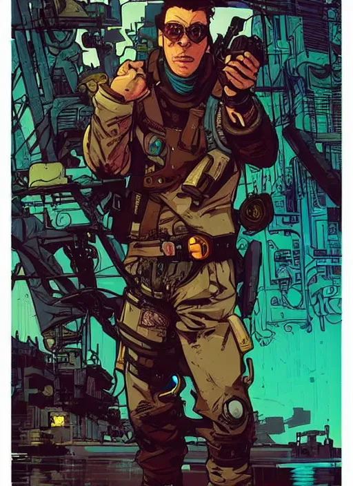 Image similar to hector. cyberpunk mercenary with scenic background. portrait illustration, pop art, art by ashley wood, alphonse mucha, laurie greasley and josan gonzales. cinematic. beautiful lighting.