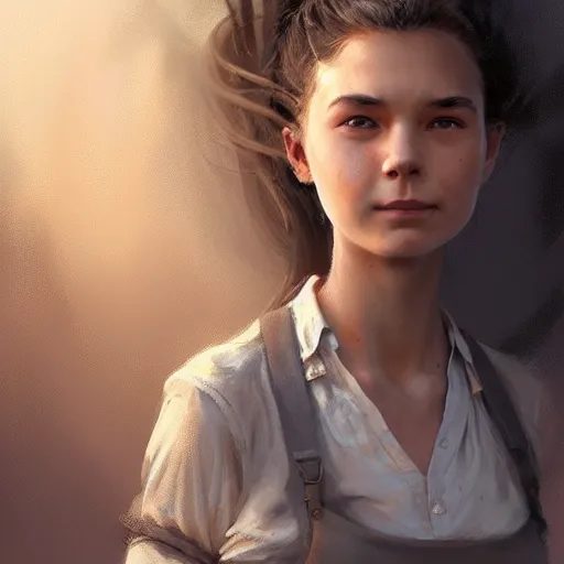 Prompt: Portrait of young female inventor, D&D fantasy, her hair is tied in a ponytail, smoke is in the air, she has a joyful expression and is covered in dirt. Intricate, highly detailed, digital painting, artstation, concept art, sharp focus, illustration, art by greg rutkowski and Ross Tran