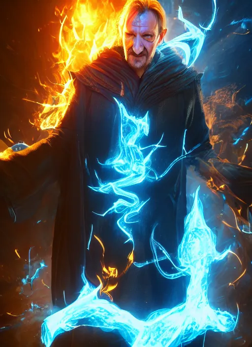 Prompt: A fantasy comic book style portrait painting of David Thewlis as a godlike Sorcerer casting a fire spell, unreal 5, DAZ, hyperrealistic, octane render, RPG portrait, ambient light, dynamic lighting