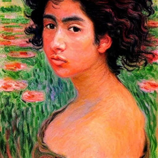 Prompt: beautiful tan latina woman, landscape, prominent rosy cheek bones, black hair and brown eyes, monet and da vinchi art style,