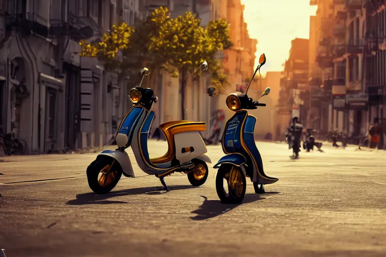 Image similar to moped scooter racing on the street, by etienne dinet, high details, 4 k, golden composition, artstation cgsociety