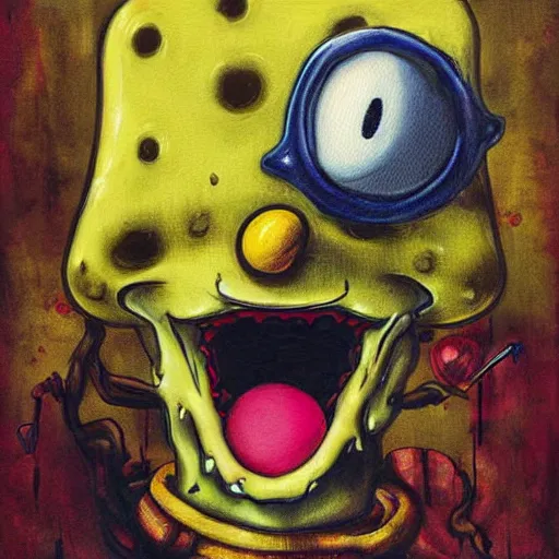 Image similar to grunge painting of spongebob with a wide smile and a red balloon by chris leib, loony toons style, pennywise style, corpse bride style, horror theme, detailed, elegant, intricate