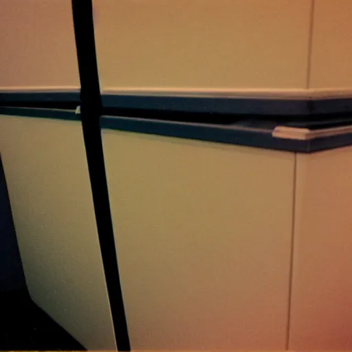 Prompt: a photograph of a haunted cubicle, 1990s, disposable camera,