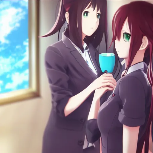 Image similar to Anime art of Makise Kurisu and Hatsune Miku drinking tea, pixiv, in the style of Makoto Shinkai, 4k, wallpaper