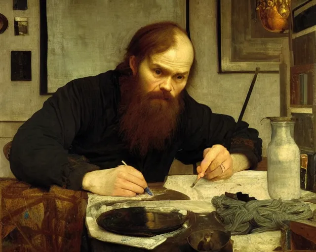 Image similar to dostoyevsky as an exhausted painter in his dimly lit studio by edgar maxence and caravaggio and michael whelan, intricate painting, hyper realistic, extremely detailed and beautiful aesthetic face, 8 k resolution