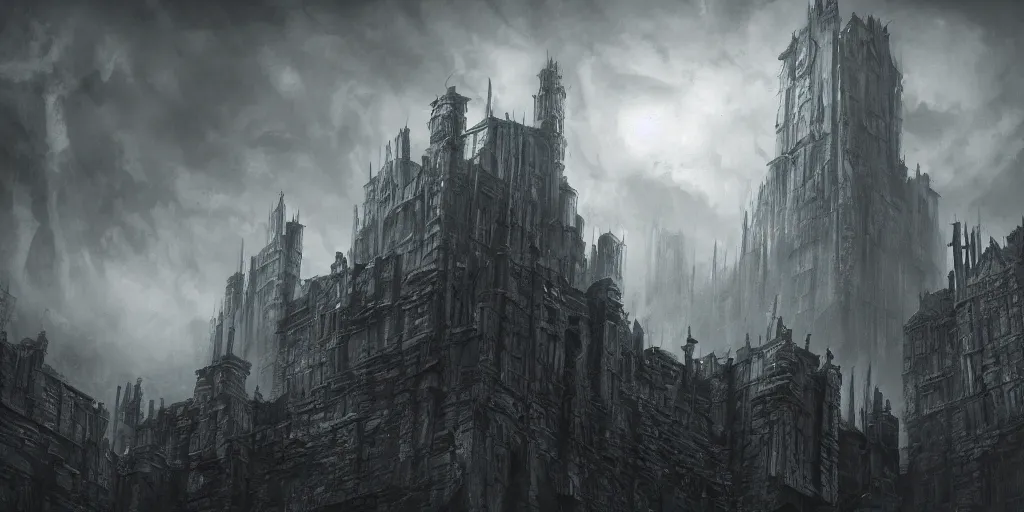 Image similar to grimdark fantasy fortress, terrifying architecture, looming, dark, fog, dark souls, artstation