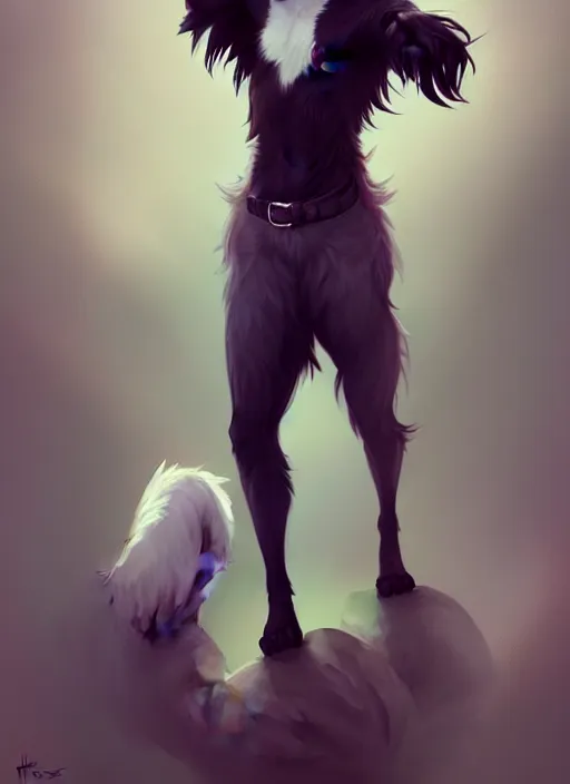 Image similar to wide angle beautiful full body portrait of a cute male anthropomorphic anthro border collie fursona wearing a tank top, character design by charlie bowater, henry asencio, and ross tran, furry art, furaffinity, beautiful, glamor pose, detailed, aesthetic, trending on artstation