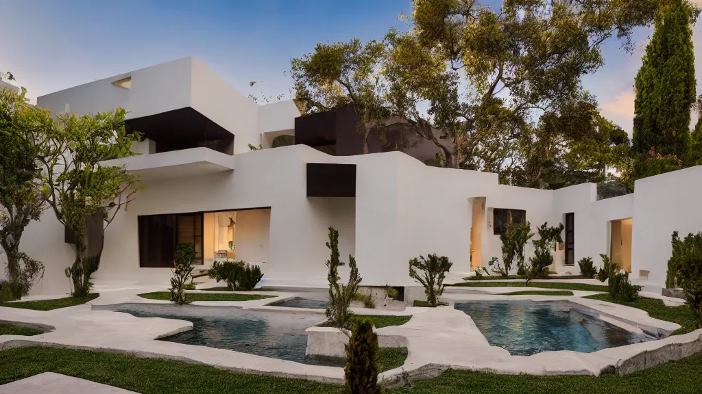 Prompt: Exterior photographs of a residential house design by Luis Barragán, Architectural photography, 14mm, cinematic photography, high resolution 4k