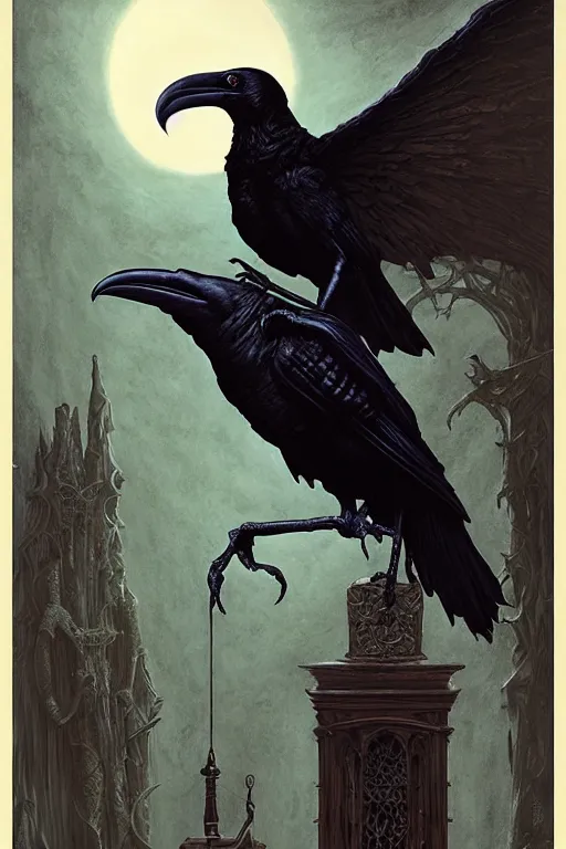 Prompt: raven perched on a statue of beautiful woman in a dark gothic surreal library, full frame, by wayne barlowe, peter mohrbacher, kelly mckernan, james o barr, 8 k, dark fantasy