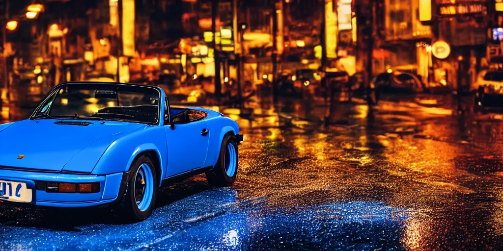 Prompt: blue porsche 9 1 4 convertable on a rainy city street, neon lights glowing, cinematic, ultrarealisitc, 4 k