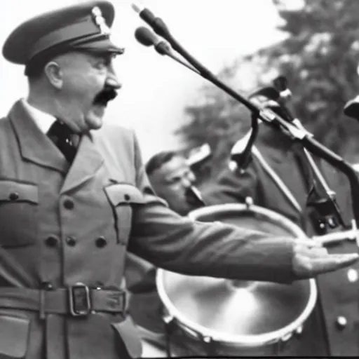 Image similar to A still of Hitler performing in a 1970s funk band