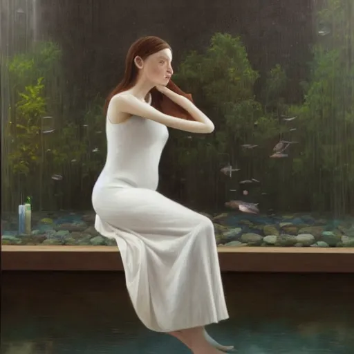 Image similar to oil painting of girl sitting in fish tank drowning alone. she is wearing a white dress and has long brown hair. by aron wiesenfeld.