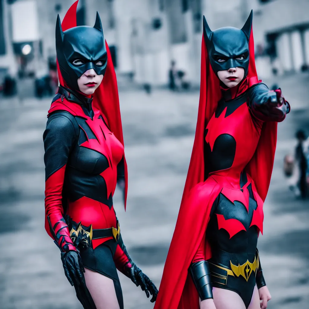 Prompt: high quality photo of a cosplaying Anya taylor as batwoman , photography 4k, f1.8 anamorphic, bokeh, 4k, Canon, Nikon