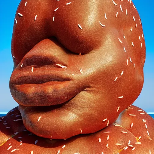 Image similar to a giant human head sculpture in the sea made out of juicy hamburgers, long shot, hyper detailed, hyper realistic, ray tracing, 8 k resolution, sharp focus, realistic water, award winning