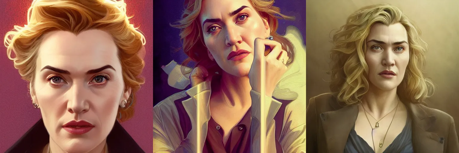 Prompt: portrait of Kate Winslet as a detective, highly detailed, digital painting, artstation, concept art, sharp focus, illustration, art by artgerm and greg rutkowski and alphonse mucha