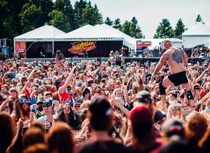 Image similar to photo still of sasquatch on stage at vans warped tour!!!!!!!! at age 4 8 years old 4 8 years of age!!!!!!! throwing rocks and berries at the crowd, 8 k, 8 5 mm f 1. 8, studio lighting, rim light, right side key light