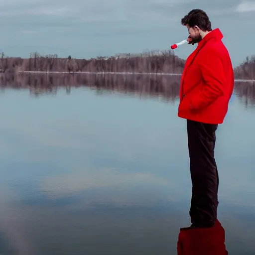 Prompt: a man in a red jacket smoking a vape while staring at his own reflection in a lake. Photorealistic, intricate, HD, 8k