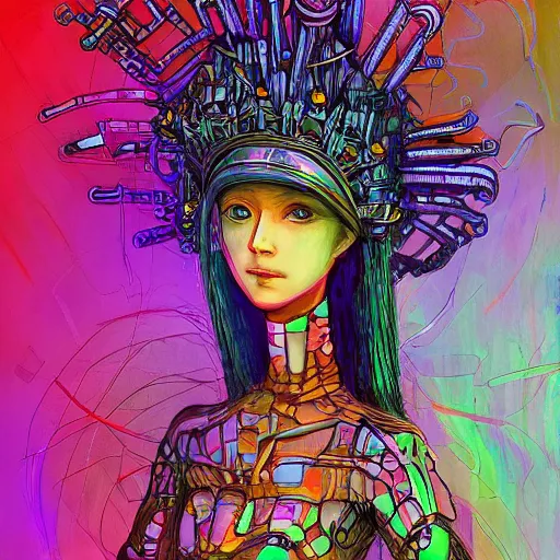 Prompt: ! dream psychedelic cybernetic technological abstract textured wallpaper of a tall girl with a crown, rembrandt, hayao miyazaki, kentaro miura, beautiful brush strokes and colors, relaxing concept art, chill vibes, calm, smooth, gorgeous, advanced lighting technology, stylized, expressive,