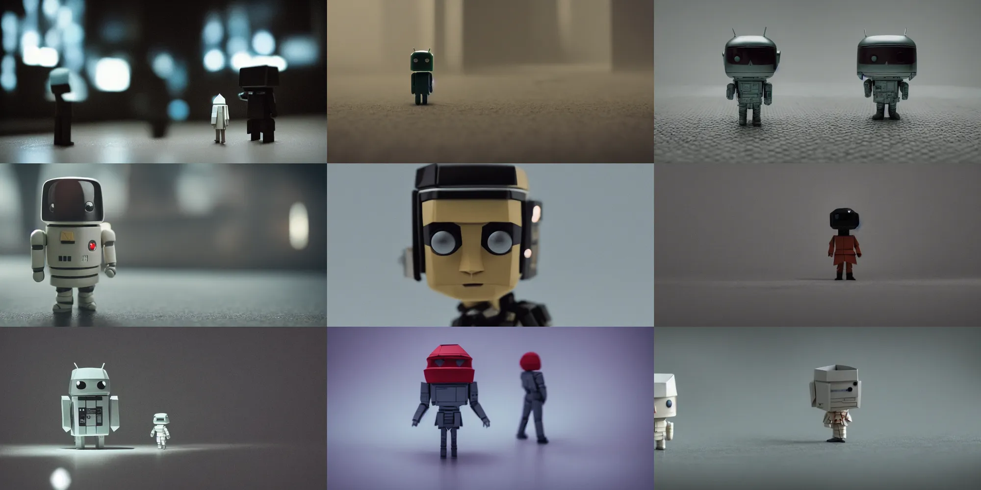 Prompt: beautiful three point perspective film still of funko pop origami android in blade runner, extreme closeup portrait in style of frontiers in miniature porcelain photography fashion architectural art studio edition, miniature porcelain android portrait, eye contact, tilt shift style pointe scene background, soft lighting, kodak portra 4 0 0, 8 k, macro, cinematic style by emmanuel lubezki
