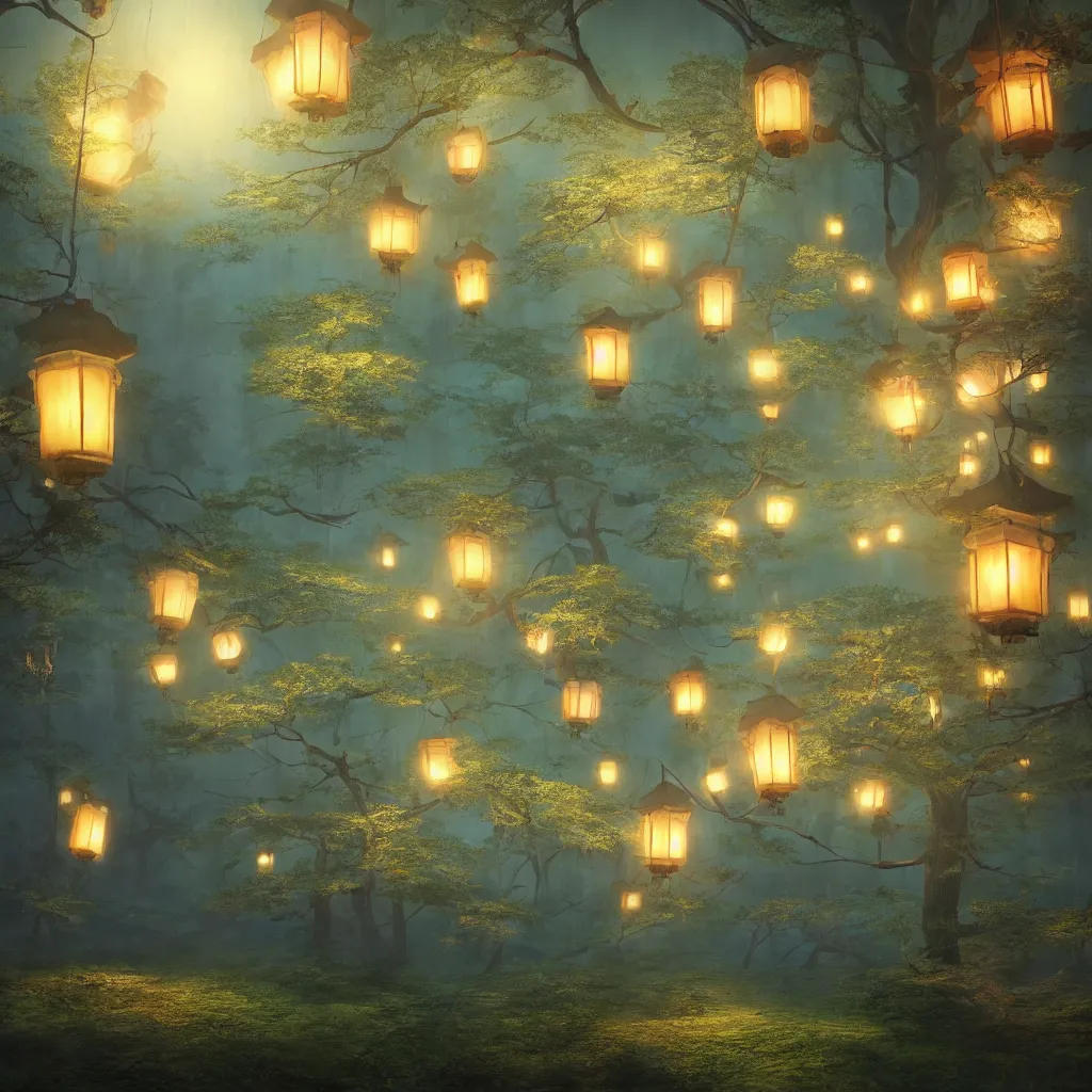 Image similar to Japanese forest at night, lanterns, highly detailed, dreamlike!, digital painting, volumetric lighting, digital art, 8K photography, matte vivid colors, perspective, octane render, breathtaking, by Maximilian DegenPro of Artstation, Hayao Miyazaki Studio Ghibli!! style