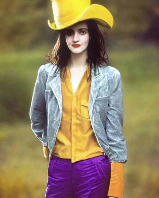 Image similar to photos of young winona ryder wearing a yellow leather jacket, green corduroy pants, a red silk blouse, and purple velvet top hat on her head, photoshoot in the style of annie leibovitz, photorealistic, soft focus, bokeh, 5 0 mm