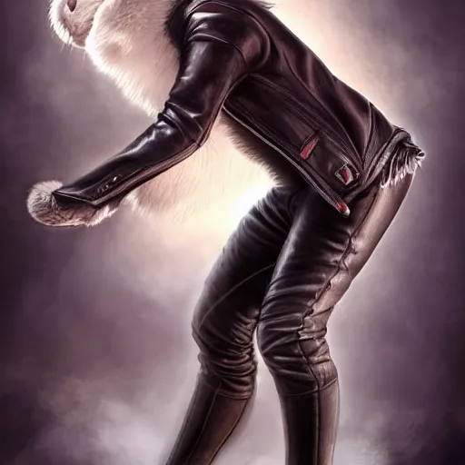 Image similar to A bunny with a small head wearing a leather jacket and leather jeans and leather gloves, trending on FurAffinity, energetic, dynamic, digital art, highly detailed, FurAffinity, high quality, digital fantasy art, FurAffinity, favorite, character art