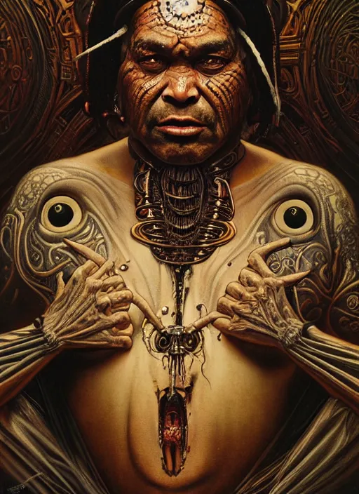 Image similar to masterpiece portrait of an biomechanical maori priest, surrounded by black liquid occult swirls, horror, dramatic lighting, h. r. giger, greg rutkowski, alphonse mucha, artgerm, donato giancola, tom bagshaw, trending on cgsociety, octane render, 8 k