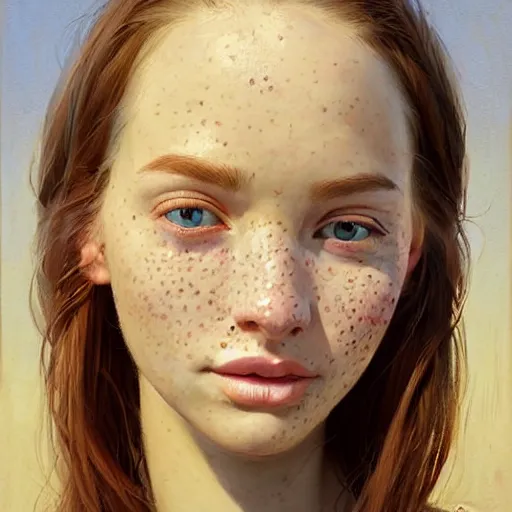 Image similar to Facial portrait of a pretty cottagecore girl, looking at the camera, slight awkward smile, lips slightly parted, hardly visible freckles, no hands visible, extremely detailed painting by Greg Rutkowski and by Steve Henderson and by Harumi Hironaka