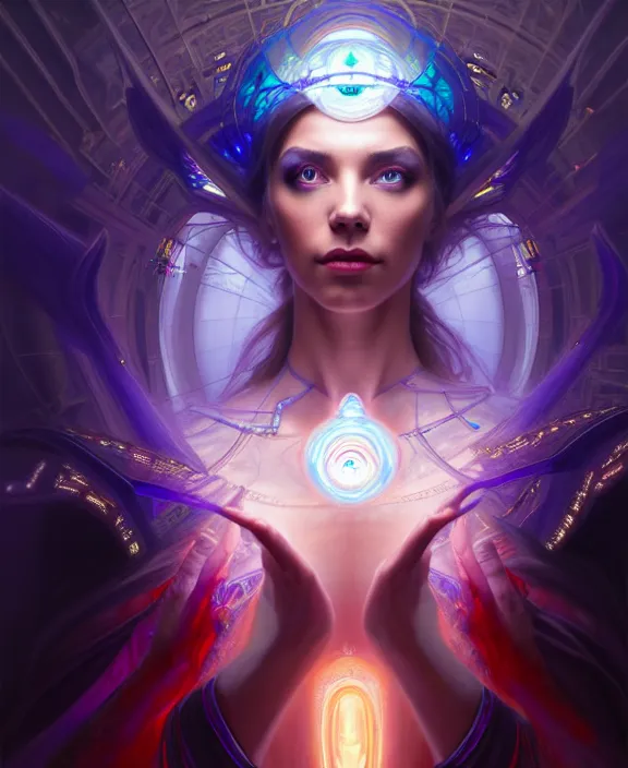 Image similar to a whirlwind of souls rushing inside the metaverse, half body, glowin eyes, tiara with sapphire, pharaoh, android, cyberpunk, d & d, fantasy, intricate, elegant, highly detailed, colorful, vivid color, digital painting, artstation, concept art, art by artgerm and greg rutkowski and alphonse mucha and ruan jia