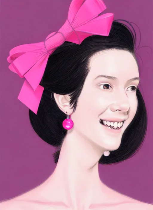 Image similar to portrait of high school girl, realistic, black hair, bangs, half updo hairstyle, pointy nose, skinny, smile, ugly, defined jawline, big chin, pink hair bow, earrings, intricate, elegant, glowing lights, highly detailed, digital painting, artstation, sharp focus, illustration, art by wlop, mars ravelo and greg rutkowski