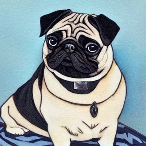 Image similar to a pug with black emo anime hair, intricate, masterpiece, stunning, oil painting